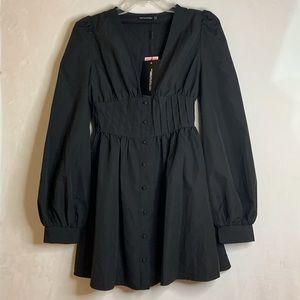 Pretty Little Thing Black Button Front Fitted Puff Sleeve Skater Dress Sz 2 NWT